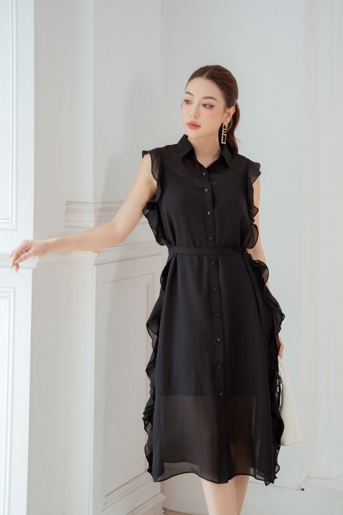 Sixdo Black Straight Midi Chiffon Dress